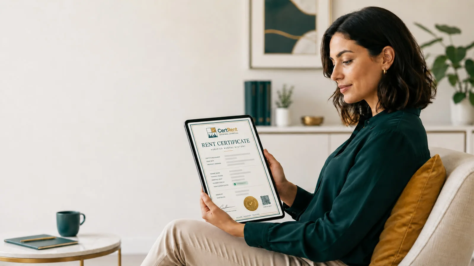 Renter reviewing a verified rent certificate PDF on a laptop, with a QR code visible on the document
