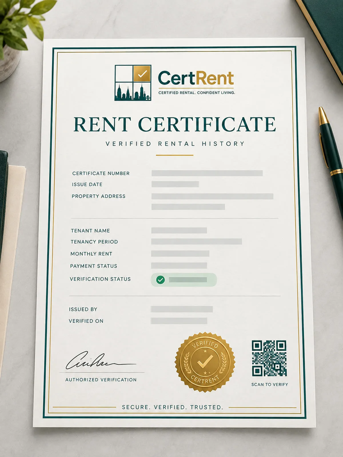 Sample CertRent rent certificate PDF showing payment history, a unique certificate ID, and a QR verification code